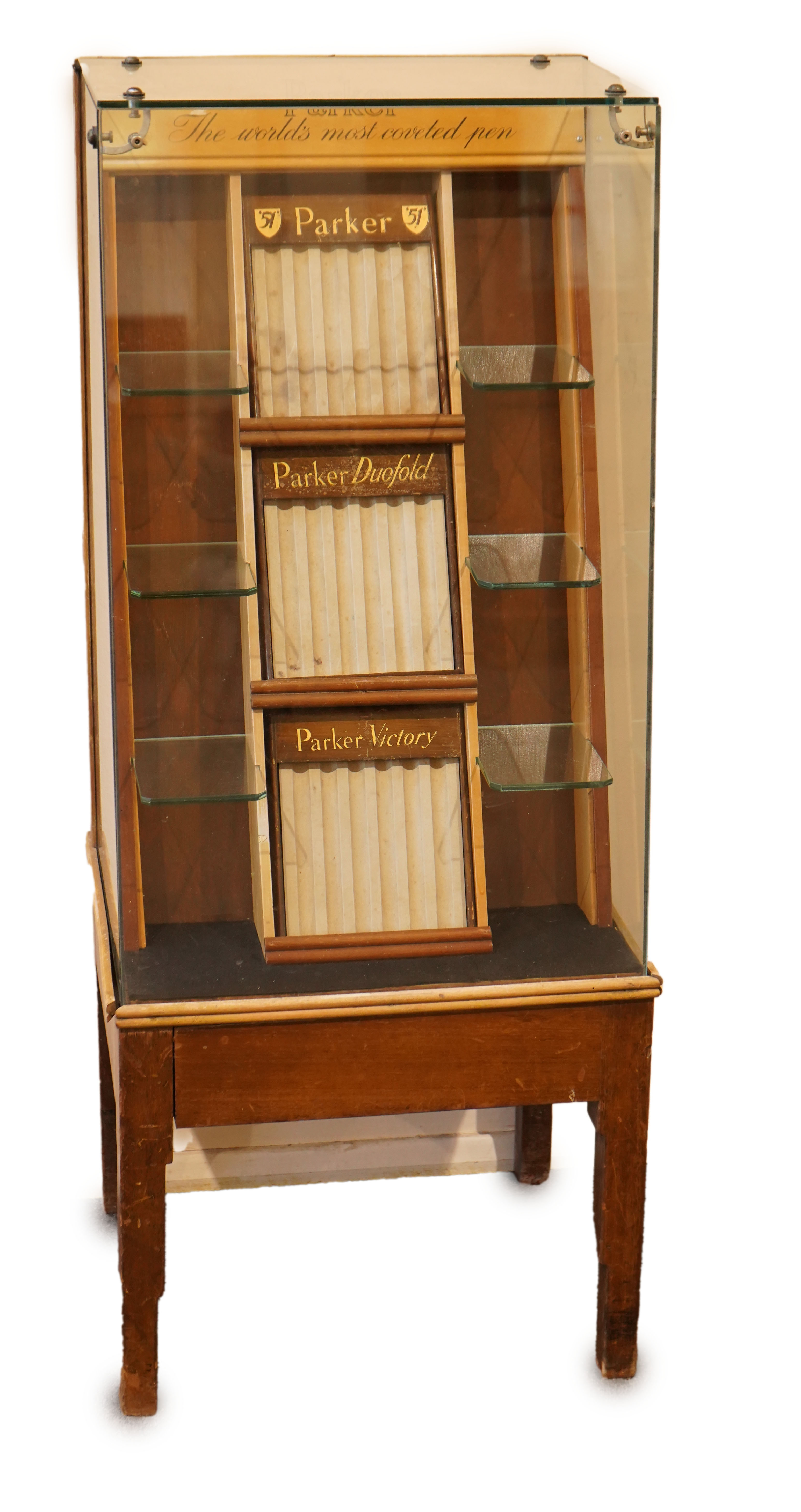 A very rare Parker Shop display cabinet, floor mounted c.1940's, with three trays and glass shelves for Parker '51's', 'Dufolds' and 'Victory's'